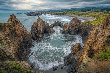 Fototapeta premium A stunning view of rugged rock formations along the coastline, with waves crashing against them. The backdrop features lush greenery and distant hills under a moody sky.