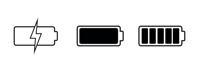 Battery symbol icon set, battery low , charging battery and  high charge. transparent png and vector illustration.