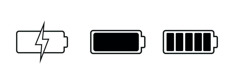 Battery symbol icon set, battery low , charging battery and  high charge. transparent png and vector illustration.