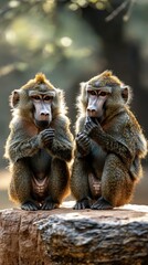 Naklejka premium Jungle Snacks. Two brown monkeys sitting side by side eating snacks in