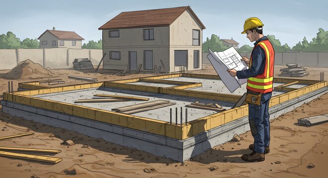 detailed scene depicting construction workers actively building a house over architectural blueprints. The workers, wearing safety gear such as helmets and vests, are engaged in various tasks like mea