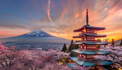 Mt Fuji and Chureito Pagoda at sunrise in Japan