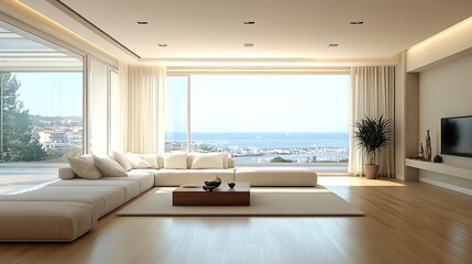 Fototapeta premium Coastal-inspired modern living room interior design. --ar 