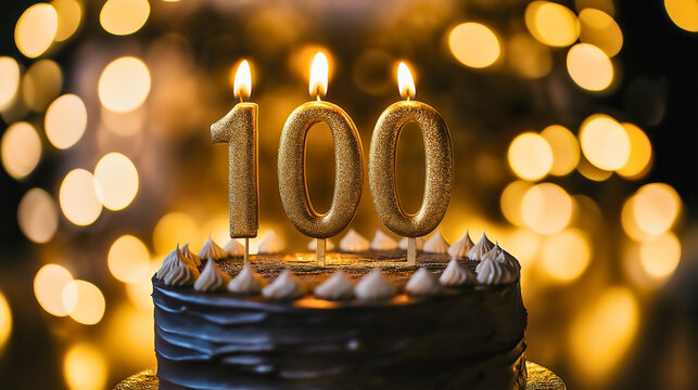 100th birthday celebration cake with candles, festive anniversary dessert decoration, colorful frosted pastry with sprinkles