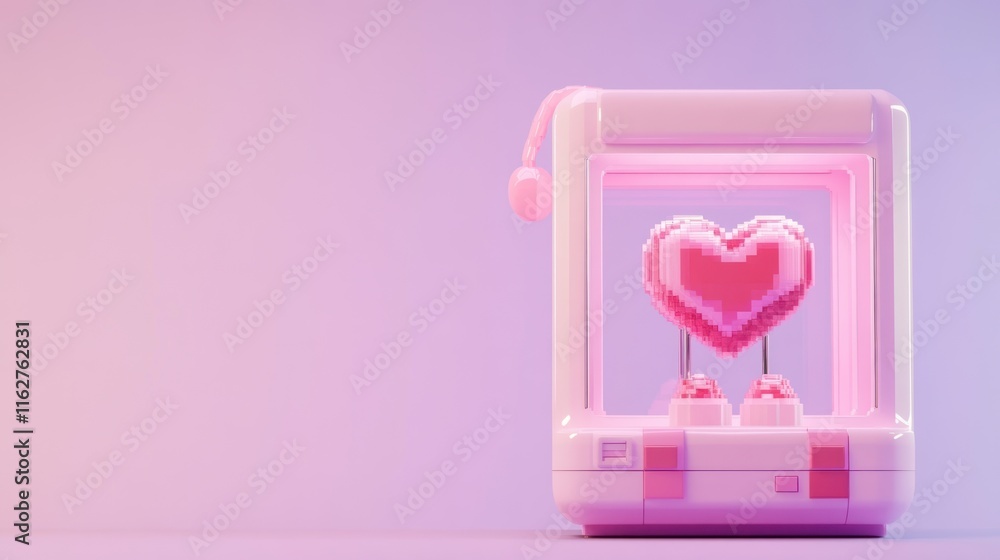 Poster a pink pixelated heart being 3d printed in a cute, whimsical printer against a gradient background.