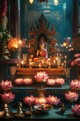 Beautifully Decorated Altar with Lotus Flowers, Candles, and Incense for Magha Puja Festivities in a Buddhist Temple