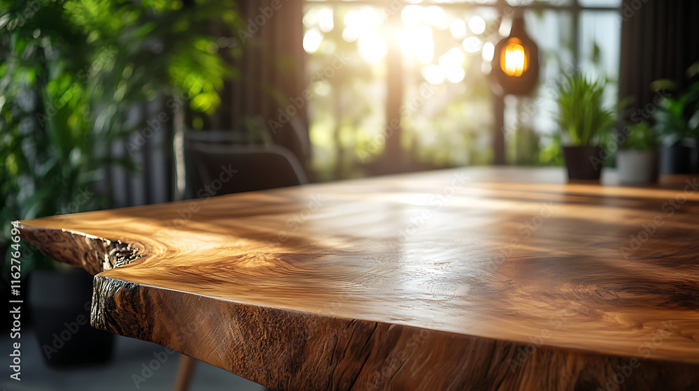 Poster close up view of modern wooden table with natural edge, illuminated by sunlight streaming through la