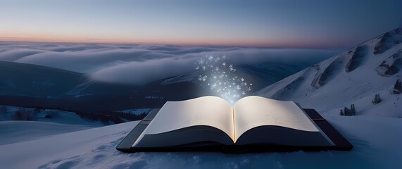 An elegant planner open to the first page on a quiet snowy hill overlooking the horizon with delicate snowflakes drifting in the background