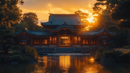 Obraz premium Golden hour sunrise over a traditional Japanese temple reflecting in a serene pond.
