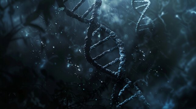 Blue and red particles dna helix glowing over dark blue background. Concept of genetics, science and medicine. Biotech. 3d rendering copy space toned image - Powered by Adobe