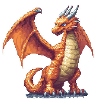 8-bit pixel art dragon character isolated, retro gaming fantasy creature design, vintage arcade monster pixel icon illustration