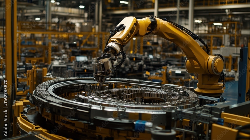 Aufkleber A robotic arm assembling components in a modern industrial setting.