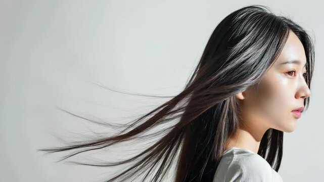 黒髪の綺麗な日本人女性の横顔の写真（ヘアケア・ロングヘア・縮毛矯正・ストレート・背景なし）