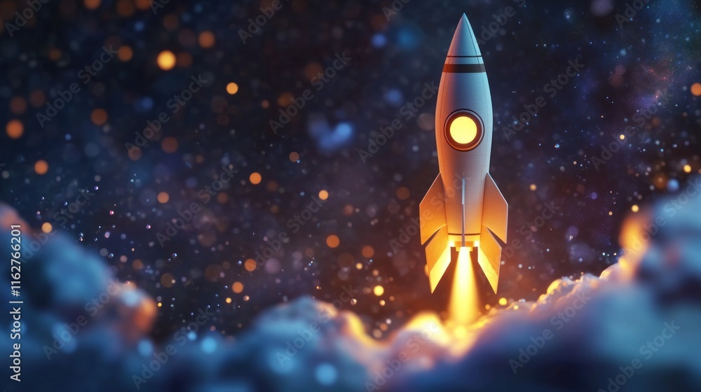 Poster A rocket launching into space amidst a starry background and clouds.
