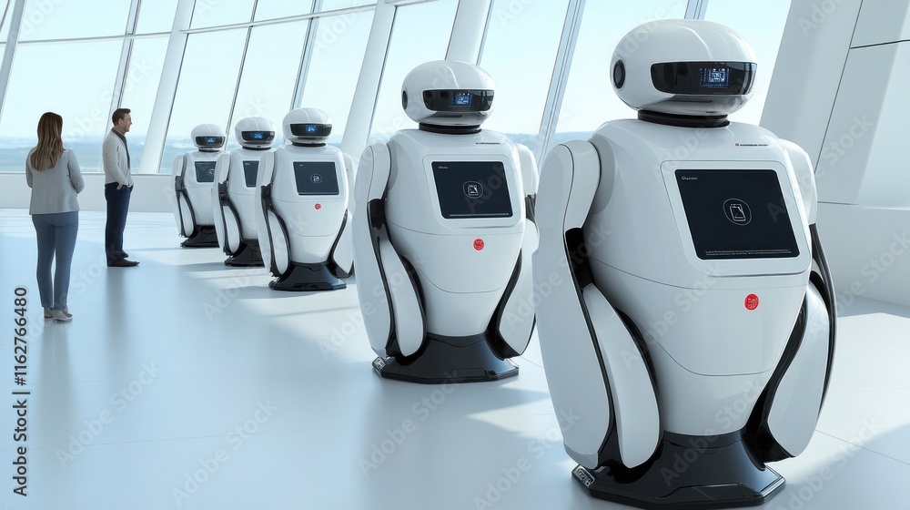 Aufkleber a row of humanoid robots in a modern space, engaging with people.