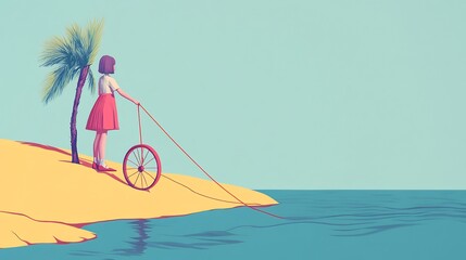 Dreamy Digital Illustration: Girl Gently Pulls Tiny Wheel Across Calm Ocean Beach. AI Generated