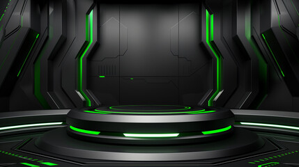 Obraz premium Futuristic Black and Green Podium with High-Tech Car Racing Background