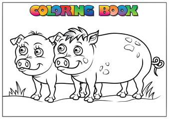 Two adorable pigs are standing together in a field, creating a charming scene for children's coloring activities