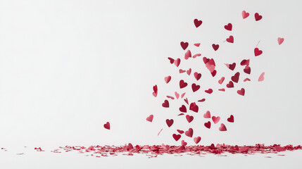 Falling small red paper hearts on a white background, perfect for Valentine's Day or wedding-themed web banners 