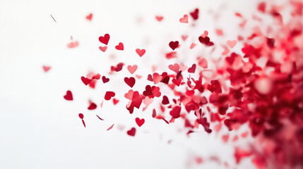 Falling small red paper hearts on a white background, perfect for Valentine's Day or wedding-themed web banners 