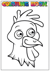 Funny rooster head cartoon character coloring book page for kids education