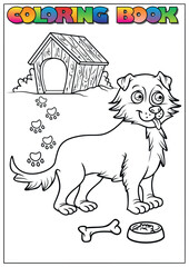 Simple cartoon dog standing near its doghouse with food and bone, coloring book page for children