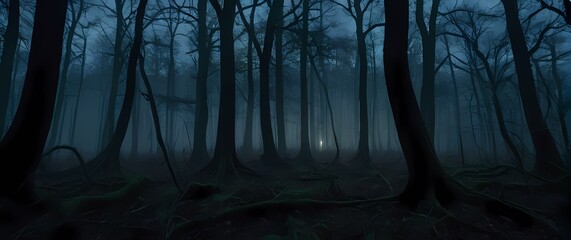 Obraz premium An eerie forest at twilight where gnarled trees cast long shadows and a fog creeps through the underbrush creating a sense of foreboding