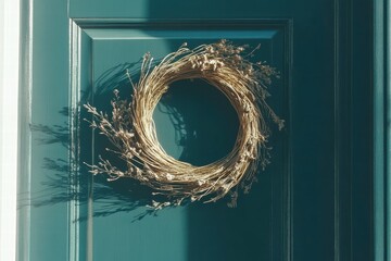 Decorative feather wreath gracing a dark blue door with natural sunlight streaming across