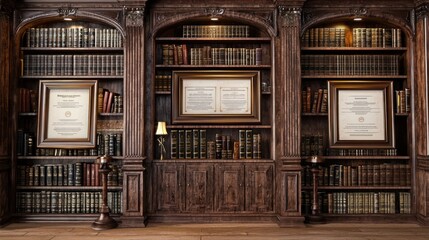 Elegant wooden library with framed certificates and books.