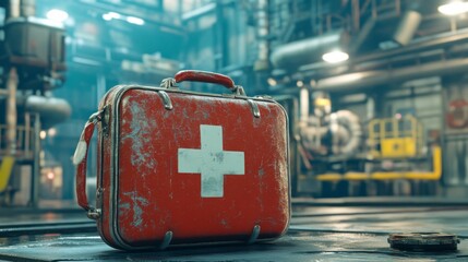 Red First Aid Kit in Industrial Background