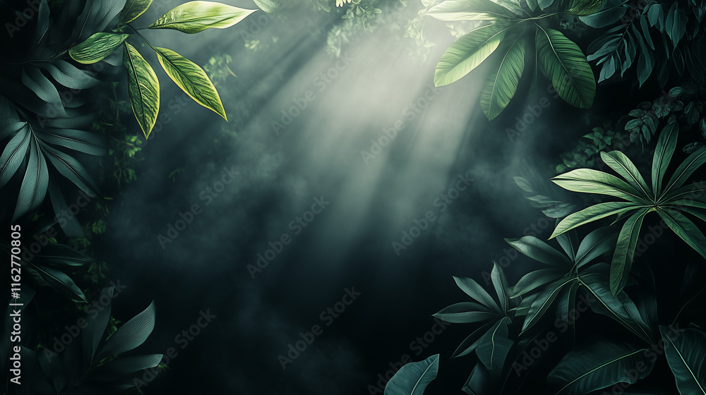 Poster jungle background mockup with lush foliage and soft light creating an empty space