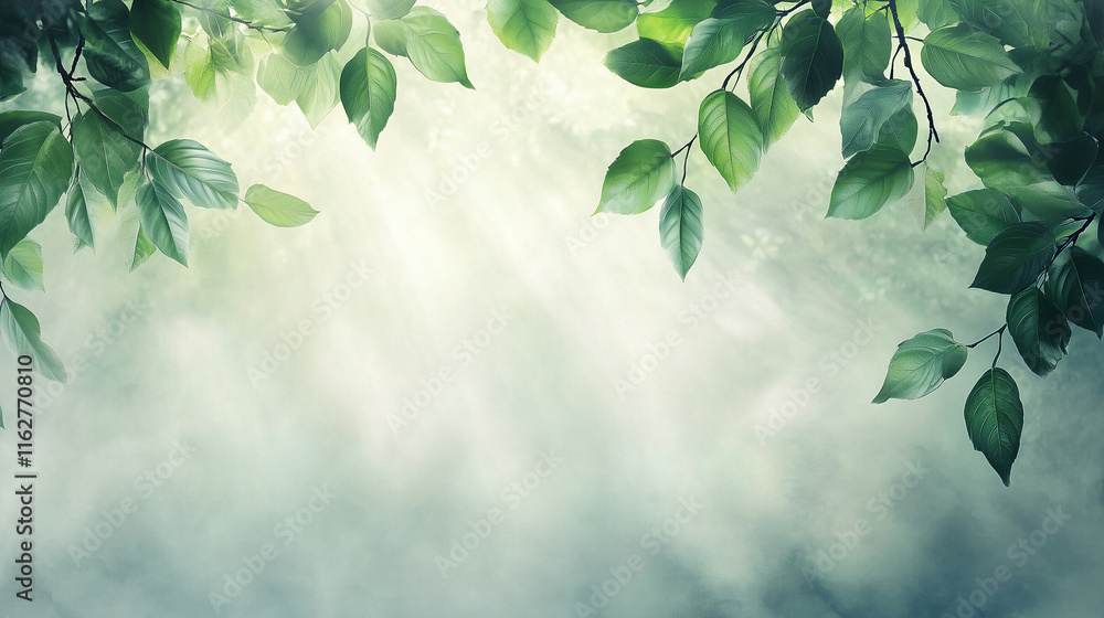 Poster fresh foliage background mockup with soft light and mist creating empty space
