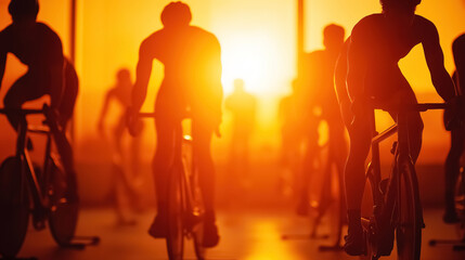 Cyclists competing energetically in a spin class fundraiser at sunset