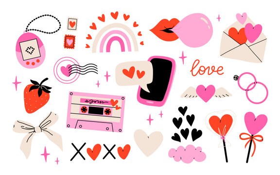 Valentines day elements vector set. Gifts, envelope, heart, dessert, messages, candies, locks and other traditional decorations. Cartoon style. Perfect for stickers and greeting cards.