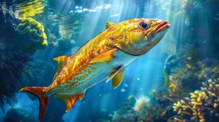 Fototapeta premium A vibrant underwater scene featuring a colorful fish amidst coral reefs, illuminated by beams of sunlight, Ideal for marine life conservation themes, educational materials, or decorative artwork,