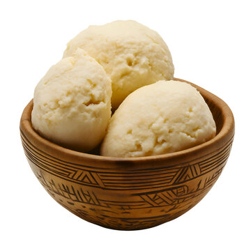 Traditional African fufu with palm oil stew, homemade Nigerian pounded yam and egusi soup, cultural delicacy in wooden bowl