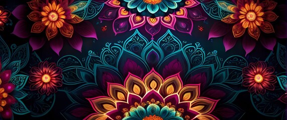 A vibrant textile pattern featuring intricate mandalas and floral designs rich in color and detail