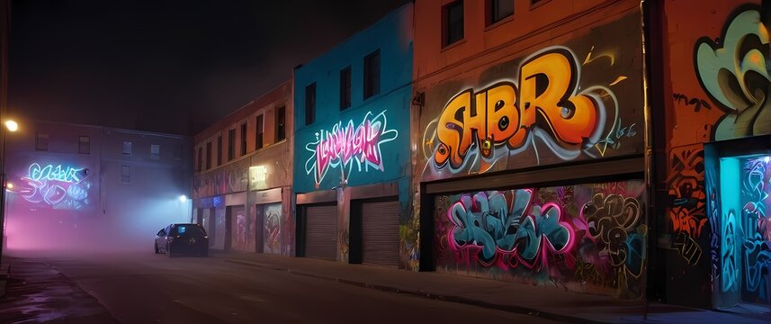 A vibrant street scene in a ghetto where walls are alive with large scale murals and colorful graffiti