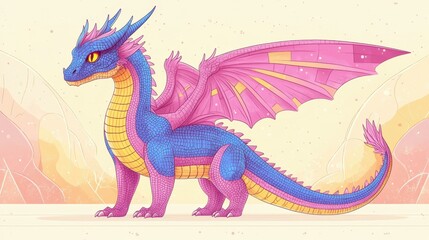 Mystical Beast. Colorful blue purple dragon standing with pink wings f