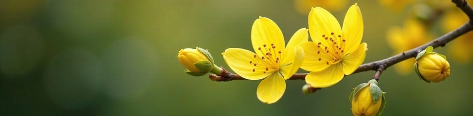 Obraz premium Delicate yellow petals unfolding on a gray branch, yellow, flowers