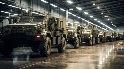 A fleet of armored vehicles is positioned within a large military facility, reflecting bright lights and polished floors. The atmosphere suggests preparation for an upcoming mission