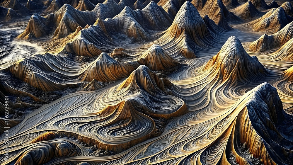 Poster surreal landscape textured mountain range flowing patterns shadows light