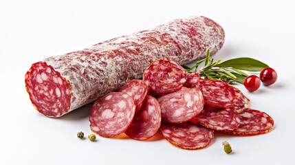 A beautifully arranged display of sliced salami with a whole salami roll beside it. Fresh herbs and vibrant berries enhance the presentation, perfect for culinary showcases