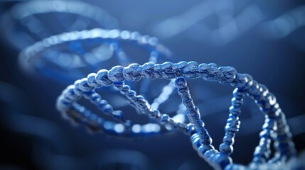 Blue and red particles dna helix glowing over dark blue background. Concept of genetics, science and medicine. Biotech. 3d rendering copy space toned image