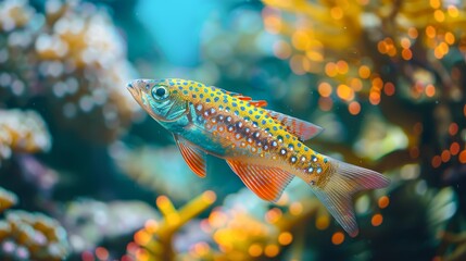 Naklejka premium A vibrant fish swims gracefully through colorful coral in a clear underwater scene, showcasing marine life, Ideal for educational materials, travel promotion, or ocean conservation initiatives,