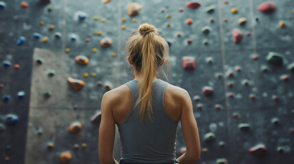 Young female climber on indoor bouldering wall, strong athlete training at climbing gym, determined woman showing strength during extreme workout, professional sport activity