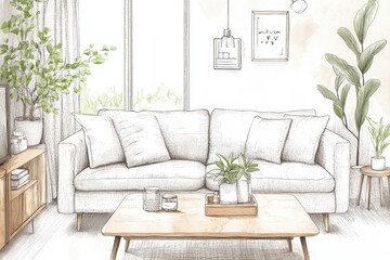 Cozy Minimalist Living Room with Neutral Tones and Indoor Plants