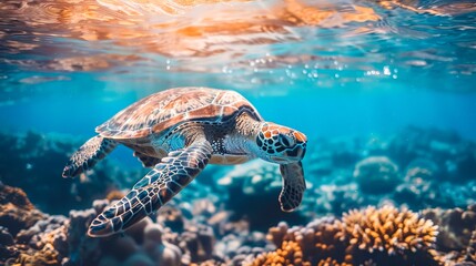 Obraz premium A serene underwater scene showcasing a vibrant turtle gliding gracefully above a coral reef bathed in soft sunlight, Ideal for marine conservation campaigns, travel brochures