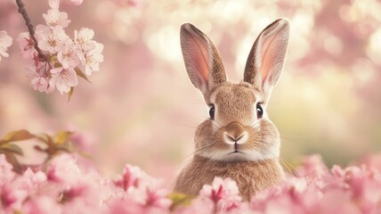 Obraz premium Easter bunny and hope concept. Cute rabbit surrounded by pink blossoms in soft spring light.