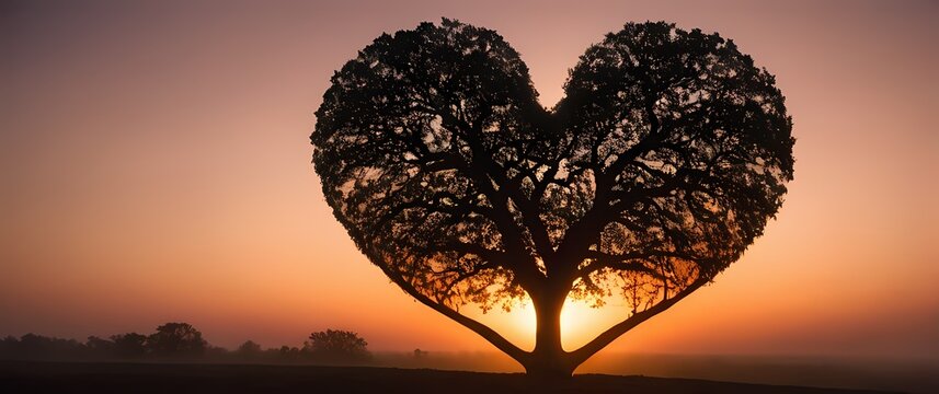 A unique heart shaped tree framing a sunset casting a beautiful silhouette against the sky
